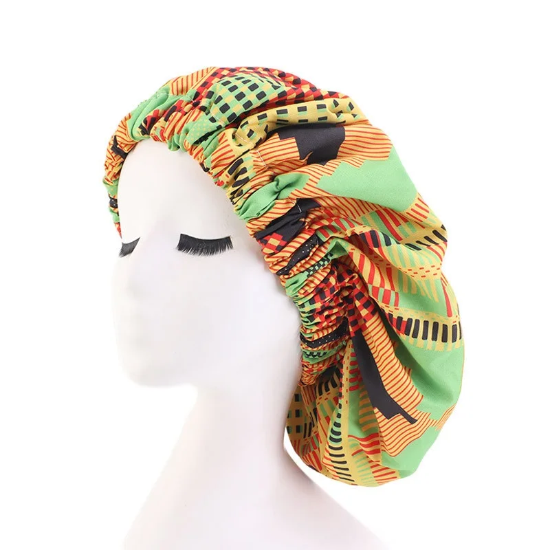 New African Pattern Print Adjustable Bonnet Women Day Night Sleep Cap Double Layer Satin Turban Extra Large Lady Head Wrap Hat