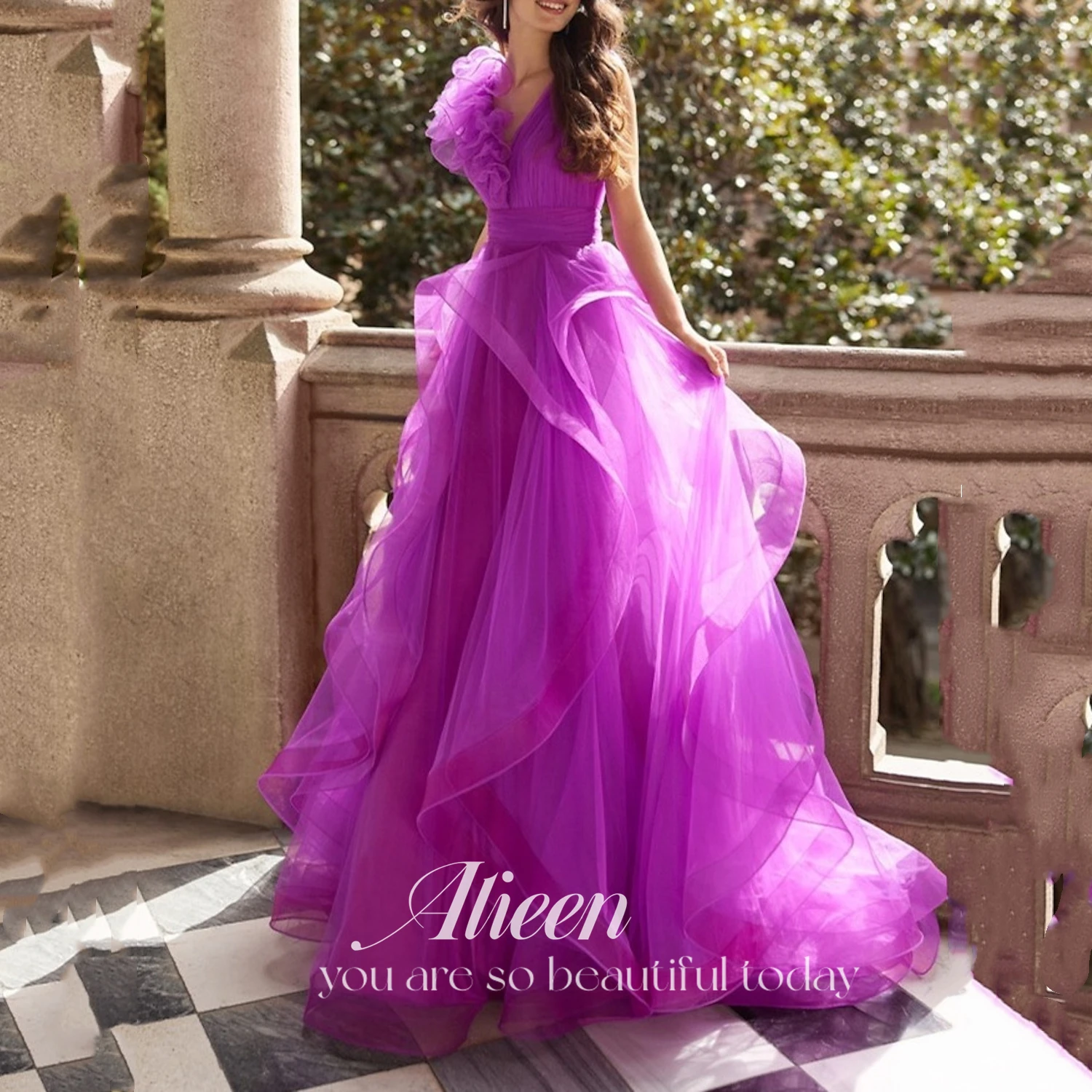 Aileen customized Mesh Multi-layer V-neck Purple Wedding Dress Women Elegant Party Dresses Luxurious Turkish Evening Gowns Long