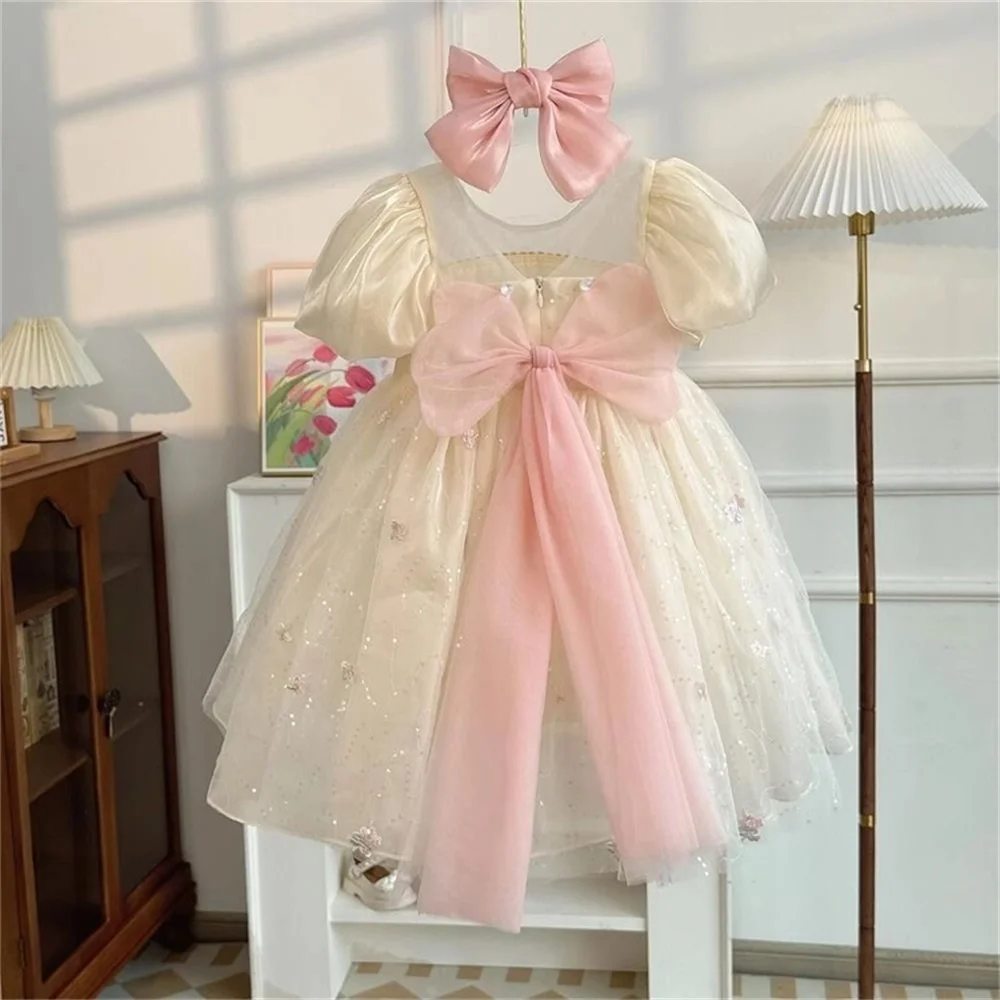 

1& Bowtie Bubble Sleeves Girls' Dress Summer Princess Skirt Square Collar Petal Puffy Skirt Baby Mesh Skirt