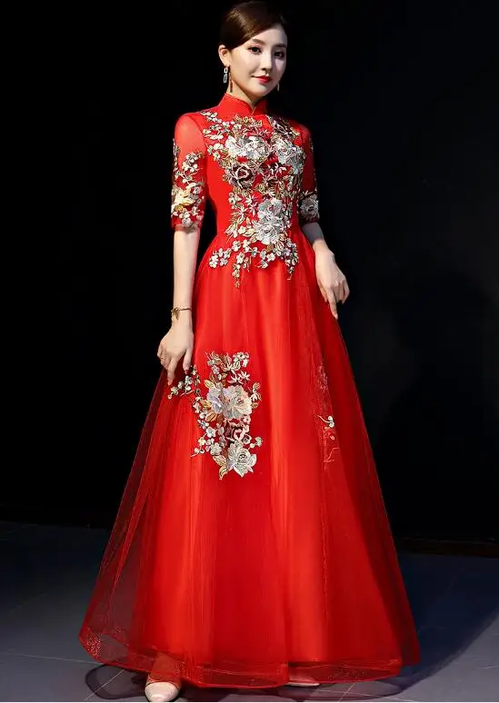 

Chinese Wedding Dress Women Red Cheongsam Embroidered Bride Oriental Summer Long