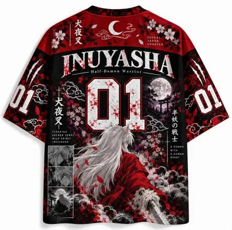 Inuyasha Full Moon Background Moon Night Cherry Blossoms Paired with Manga Storyboard Heat Sublimation Printed Anime T-shirt