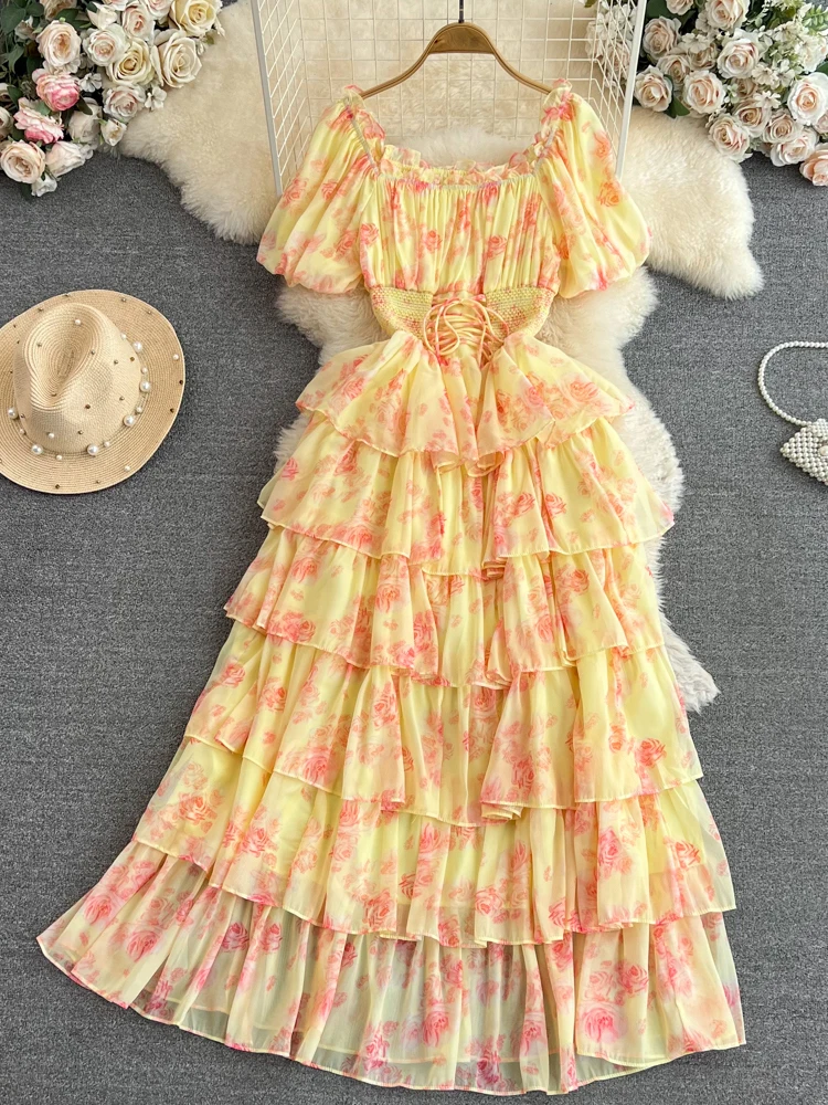 Summer Pink/Yellow Bandage Printed Ruffle Long Dress Vintage Square Collar Short Puff Sleeve High Waist Tierred Party Robe New