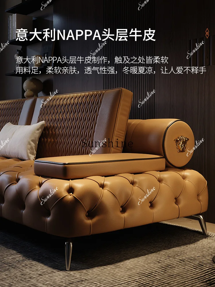 

Italian light luxury leather, modern simple straight row sofa four-person living roomP