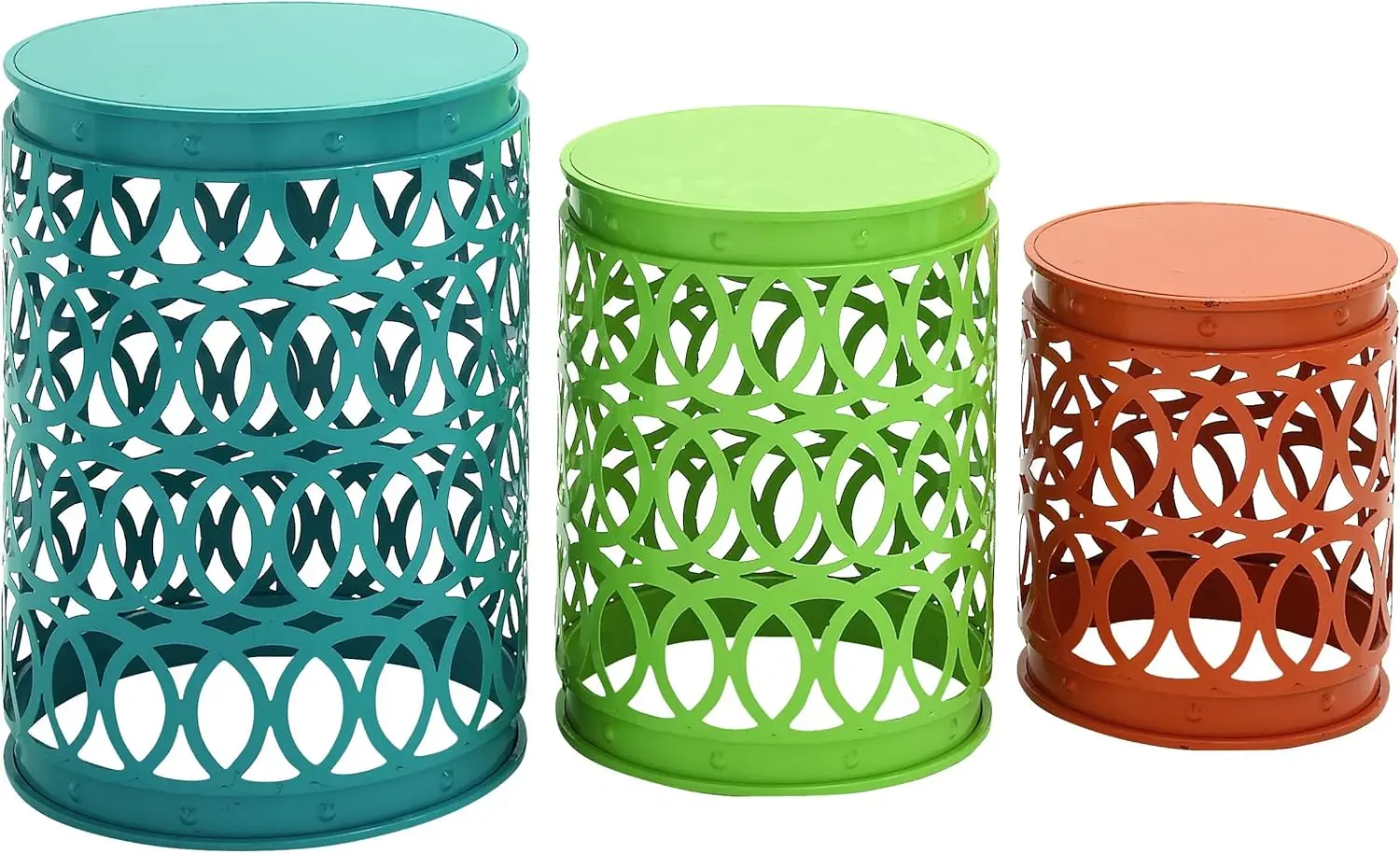 Indoor and Outdoor Use, Metal, Multi-Colored, Nesting Design with Carved Trellis, Set of 3 Side Tables