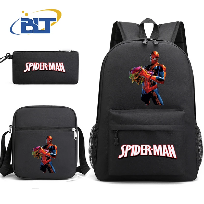 Spiderman printed student school bag set casual backpack shoulder bag pencil case 3-piece set suitable for kids