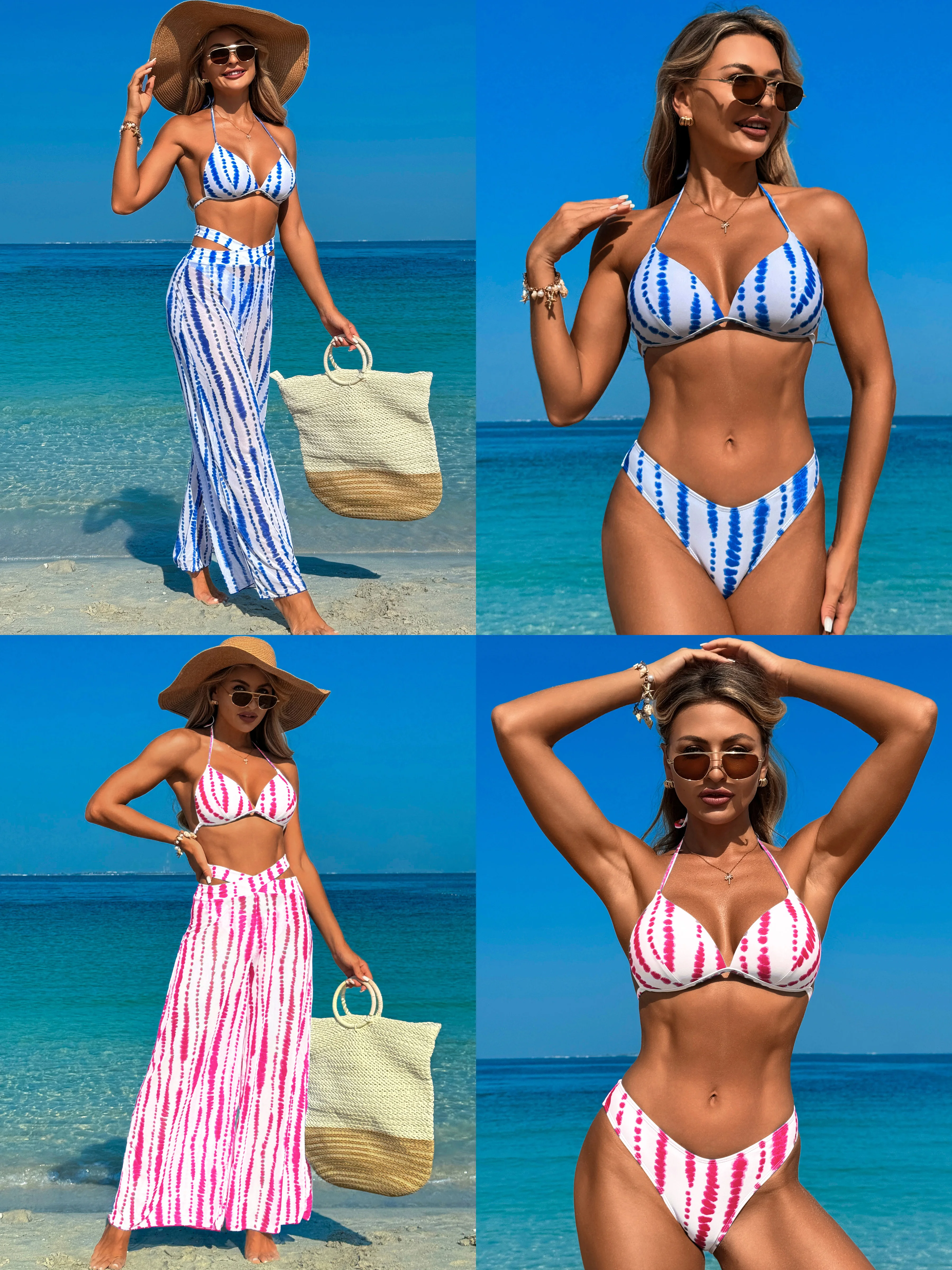 Bikini sexy de malla transparente con escote en V profundo, vendaje acolchado con cordón, traje de baño de tres piezas, vacaciones en la playa de verano