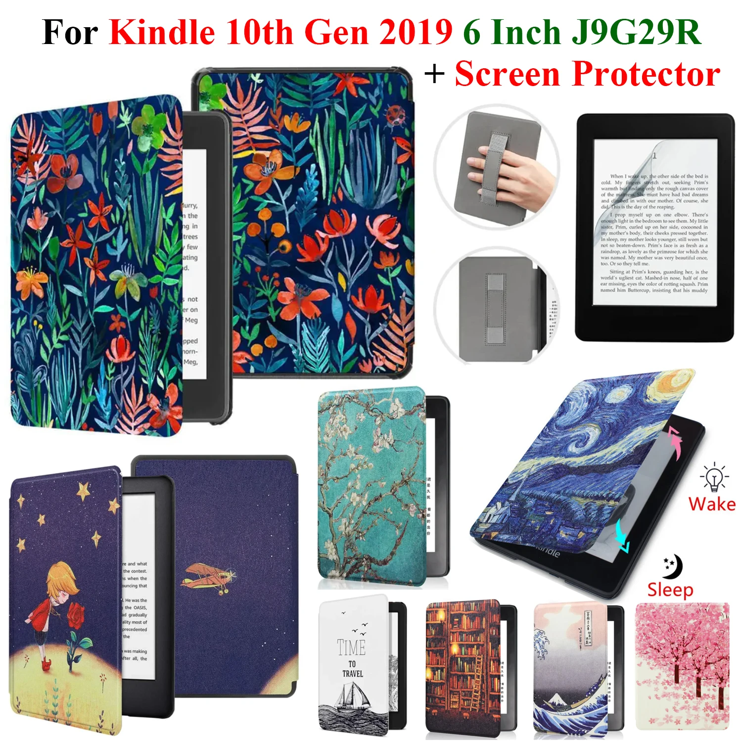 For Kindle 10th Generation Case + Screen Protector 6 Inch with Hand Strap Belt Ebook 2019 J9G29R Leather Cover Wake Sleep Funda