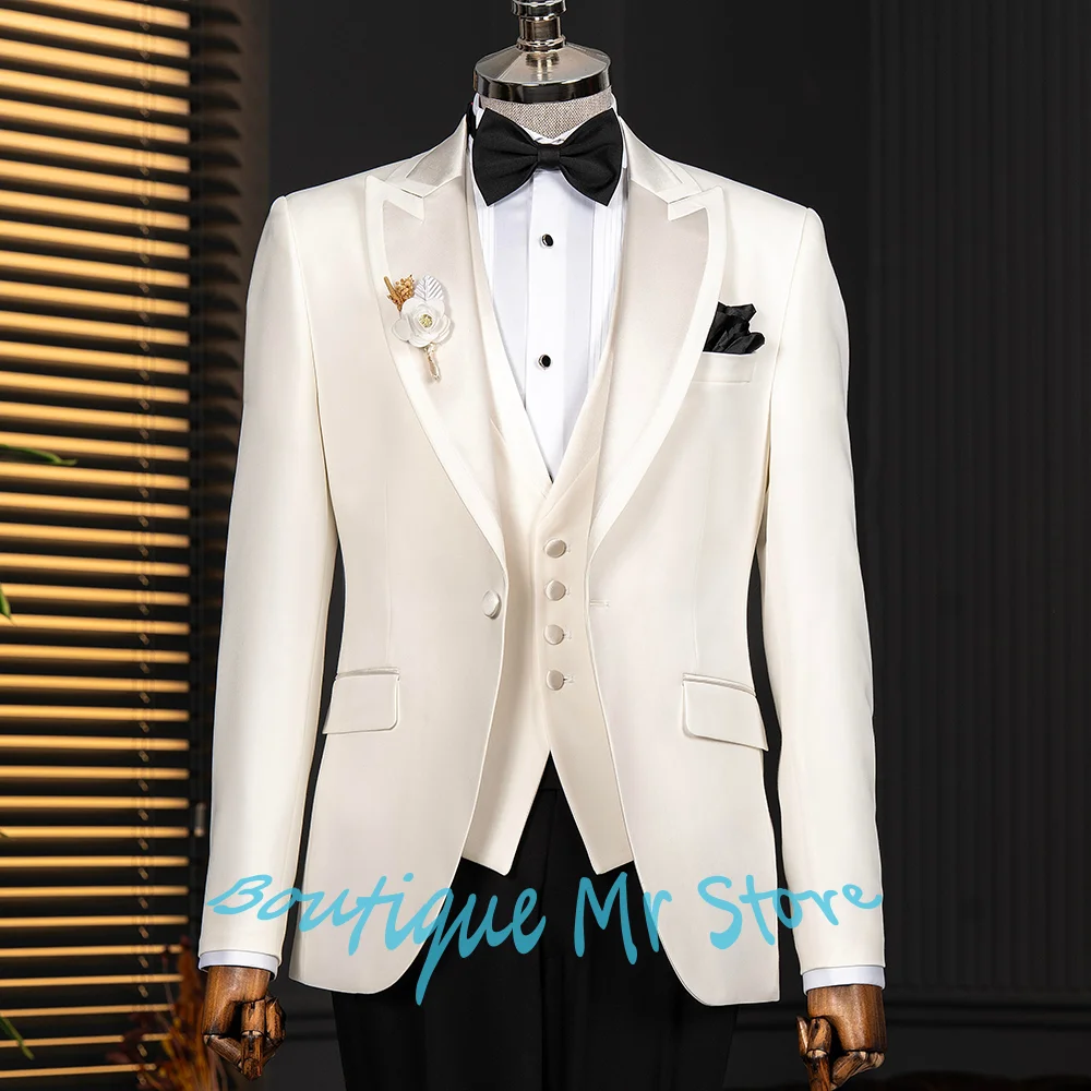 

Elegant Men's Ivory White Suits Satin Lapel 3-Piece Set Jacket Vest Pants Wedding Groom Tuxedo Formal Prom Costume Homme