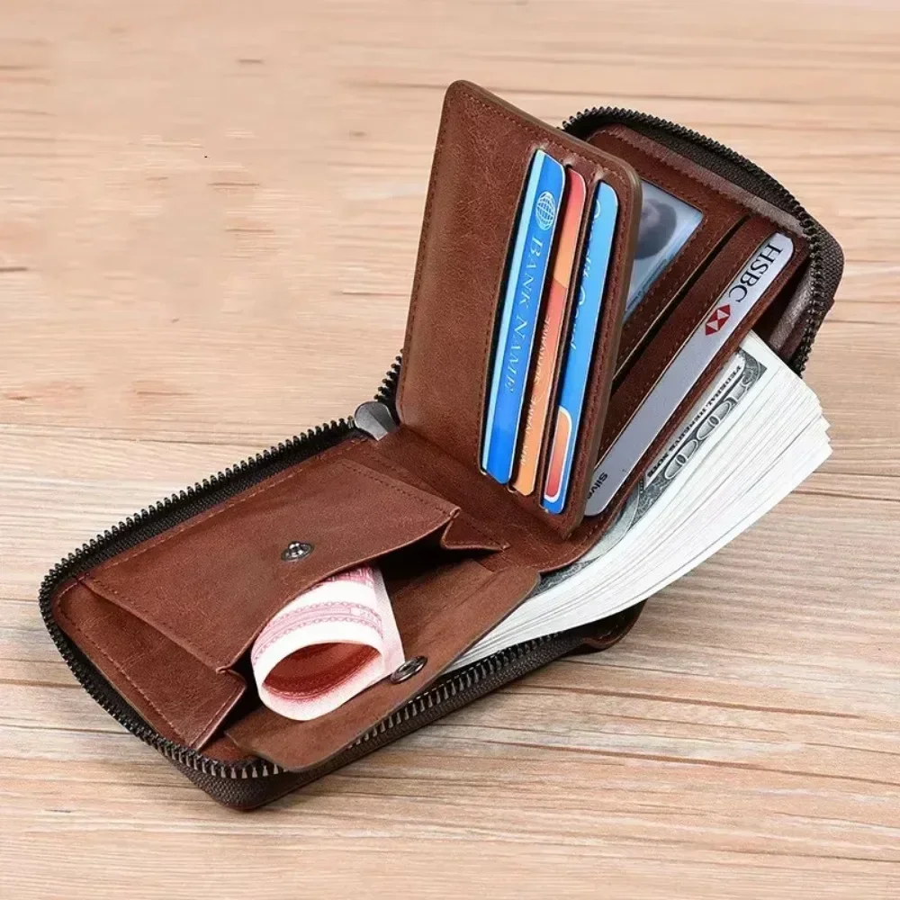 Men's Leather RFID Wallet, Zippered Business Card Holder with Coin Pocket, Premium Multi-Function Purse