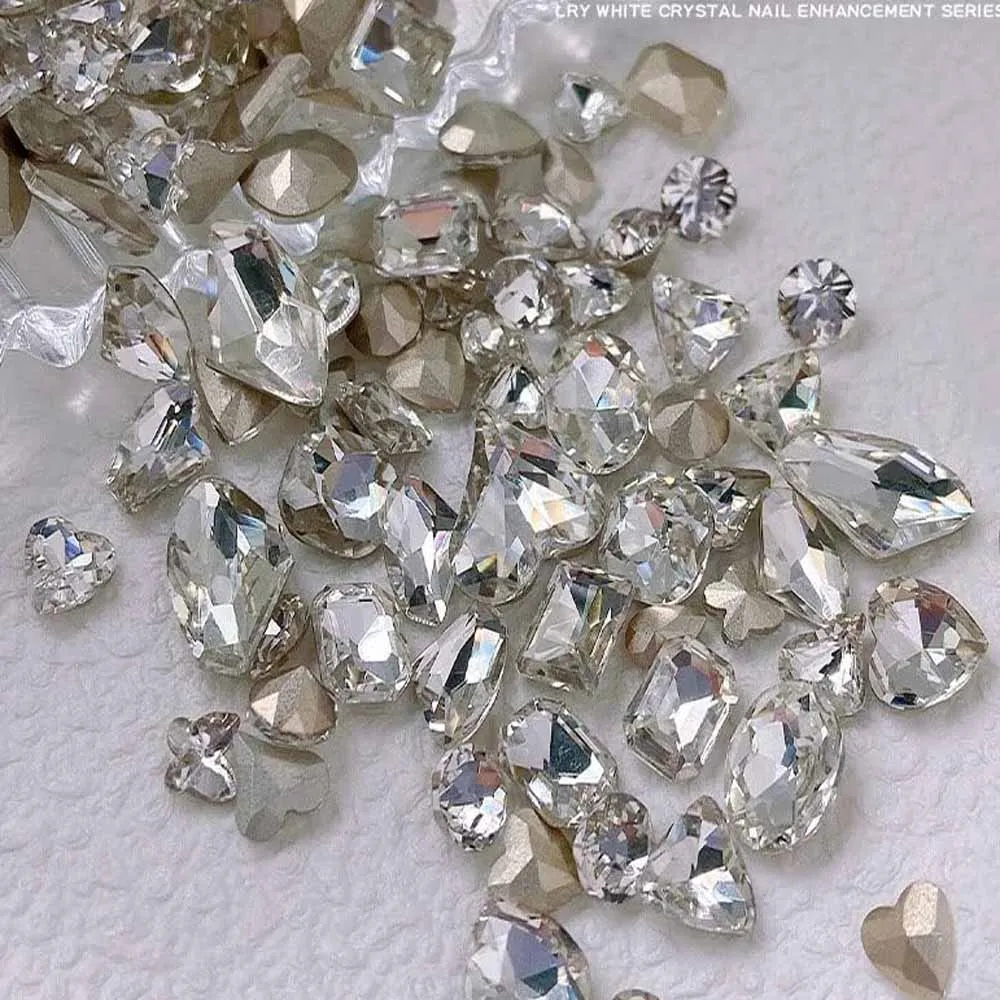 Strass de unha de zircônia branca brilhante, 50 peças, redondo/coração/oval/quadrado, glitter, cristal, fundo pontiagudo, diamante, suprimentos de decoração de unhas