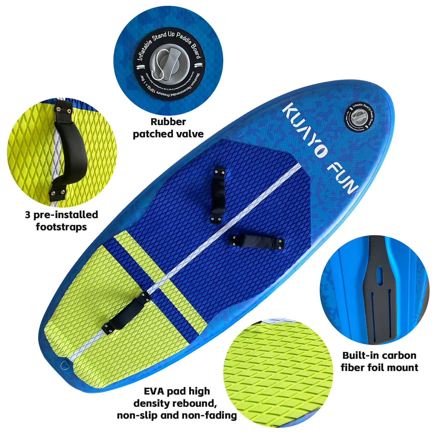 KUAYO tavola da Paddle gonfiabile in carbonio 110L e 140L PVC blu con materiale per trafilatura surf Foilboard Hydrofoil kitesurf