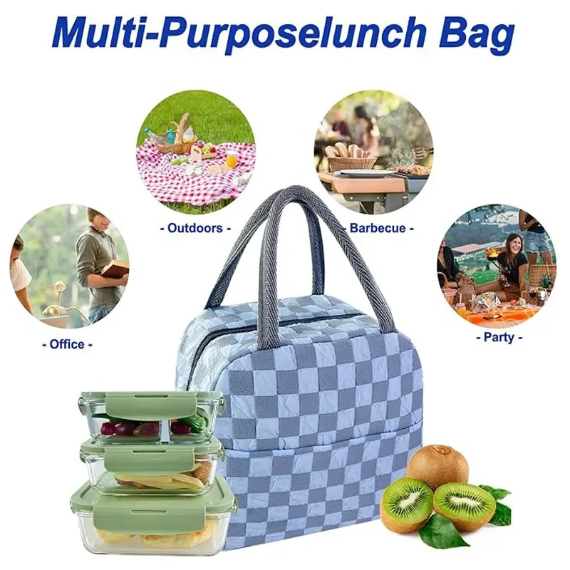 Insulated aluminum foil lunch bag, student portable checkered lunch box bag, suitable for use on school trips