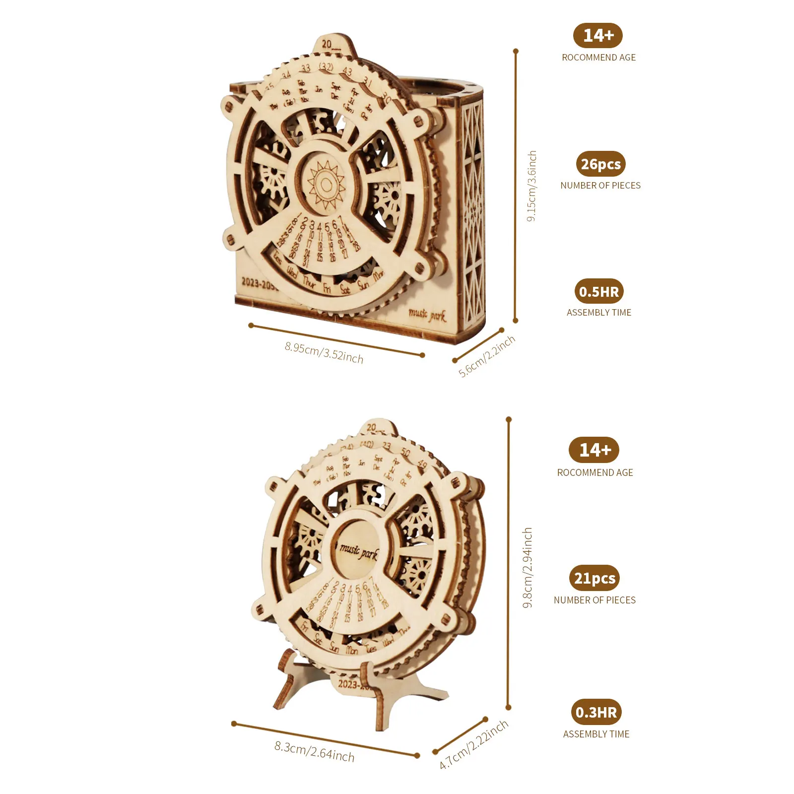 2pcs 3D Wooden Puzzle Perpetual Calendar Mechanical Gears Toy Building Set Brain Teaser Games Engineering Toys model kits