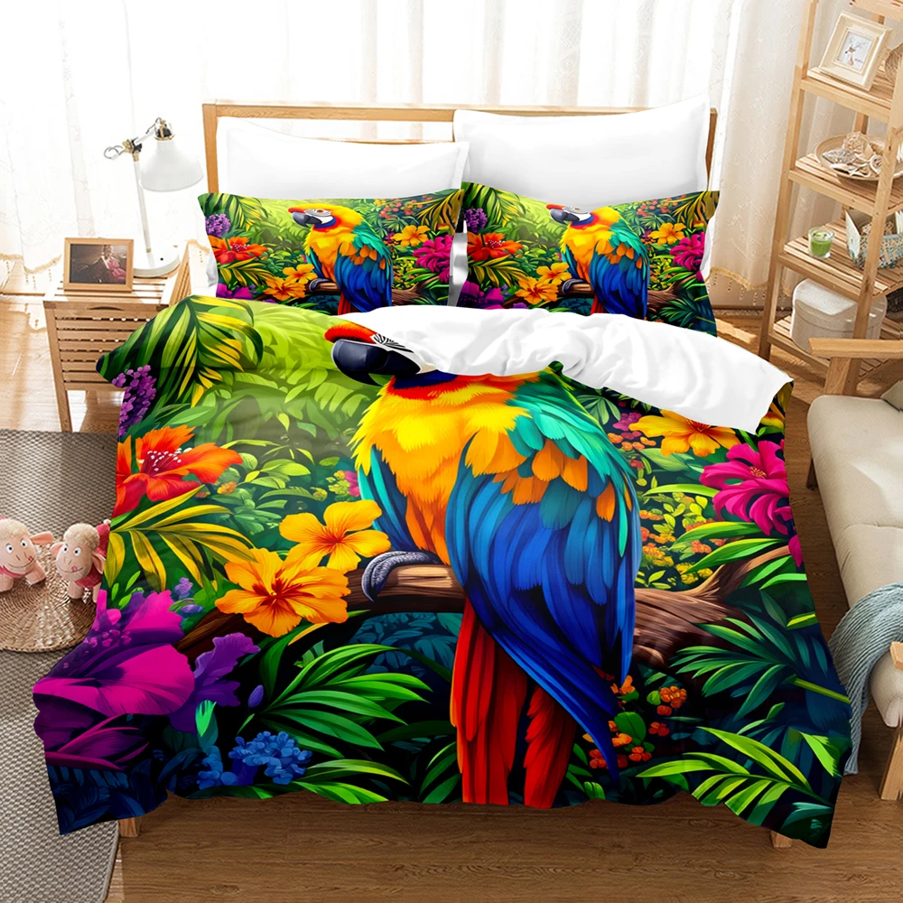 

3pcs Multicolor Duvet Cover With 2 Pillowcases 3D Printed Parrot Floral Gifts For Teen Adult Home Decor Single Size Bedding Sets