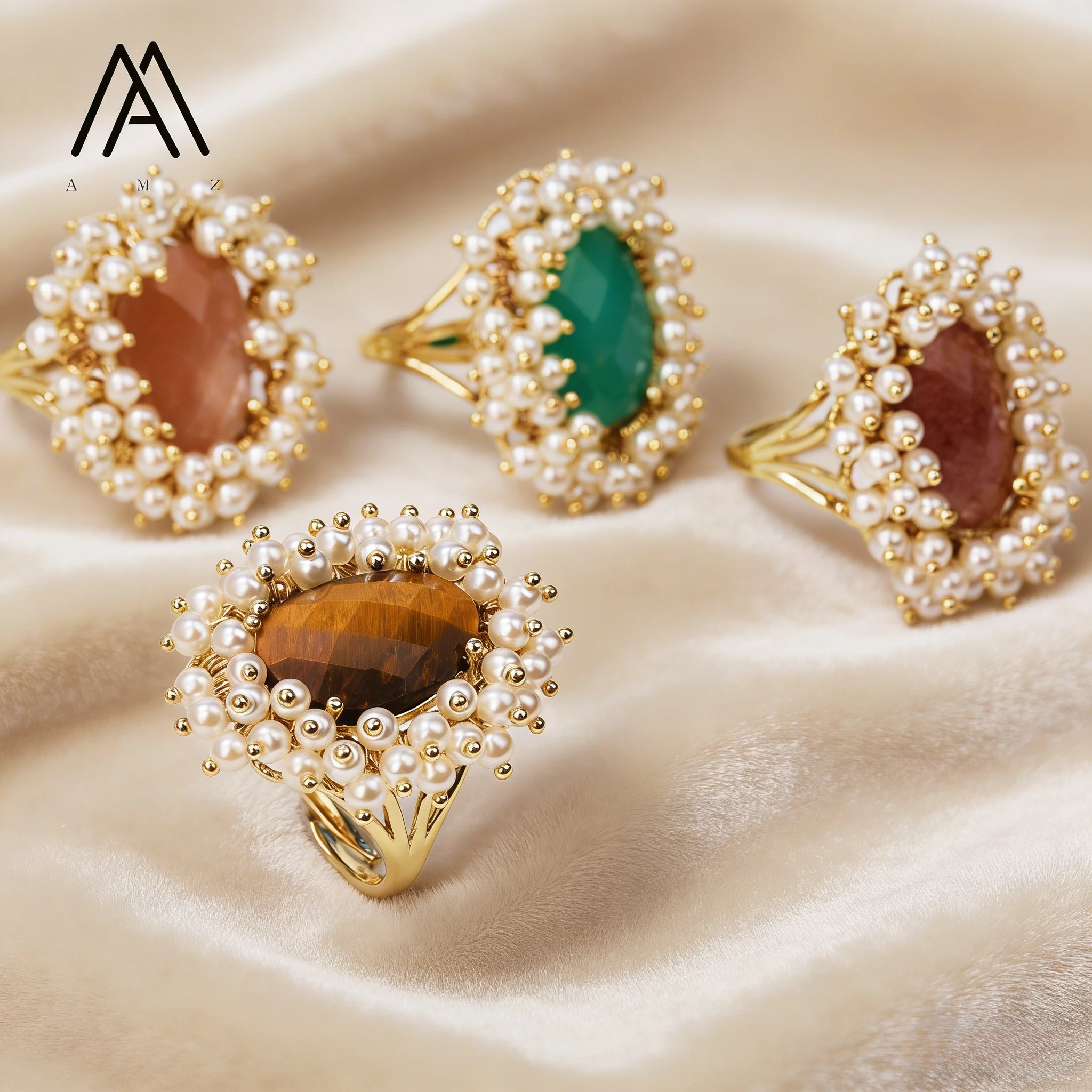 18K Gold Plated Natural Crystal Oval Shape Gold Color Ring with Pearl Touch Fashion Ladies Trendy Elegant Finger Accessories