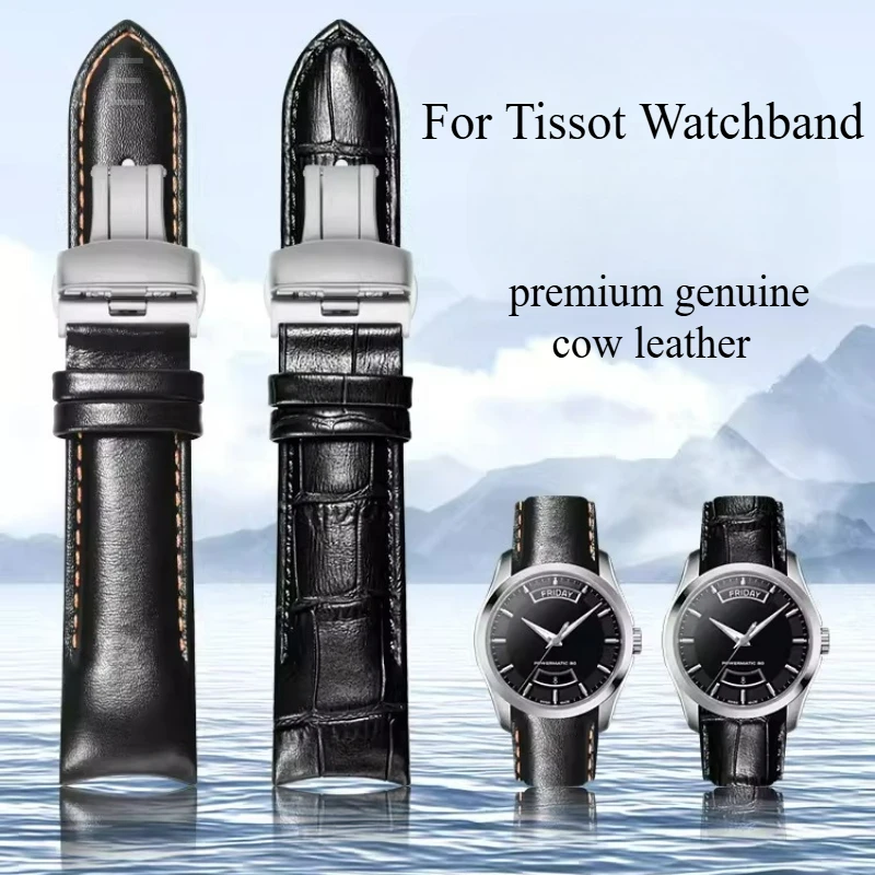 Genuine Leather Watchband for Tissot Couturier T035 Curved Interface Stainless Steel Buckle Waterproof Strap Black Orange