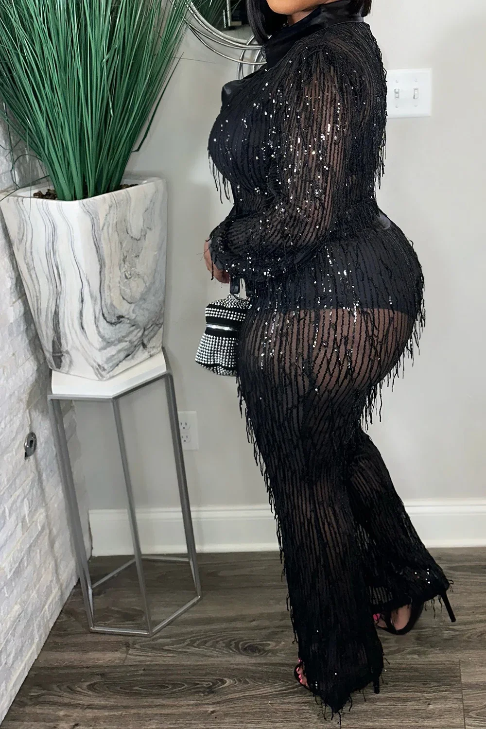 Plus Size Spring Sequins Tassel Mesh 2 PCS Set Women Sexy See Through Long Sleeve Shirts Top Wide Leg Pants Fashion Party Suits