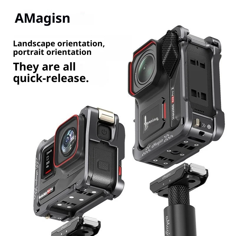 aMagisn Quick Release Metal Cage for Insta360 Ace Pro 2 Flip Open Battery Door Easy Change Silicone Lens Cap Foam Padding