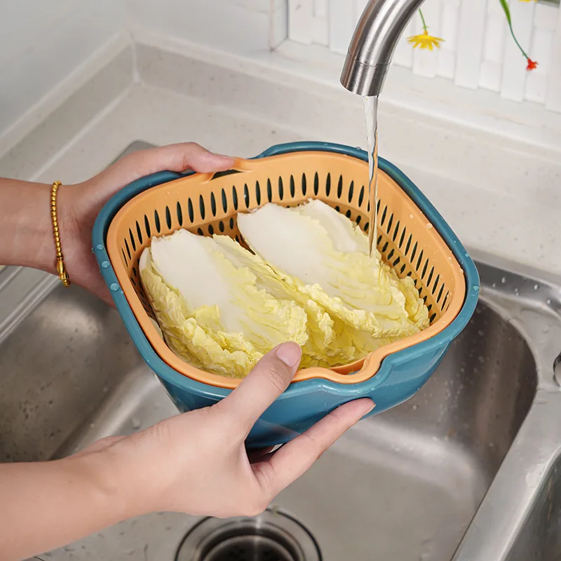 6-Piece Set Thickened Double-Layer Drainage Basket Set of Six Pieces, Plastic Vegetable Basket, Vegetable Basin, Household Kitch