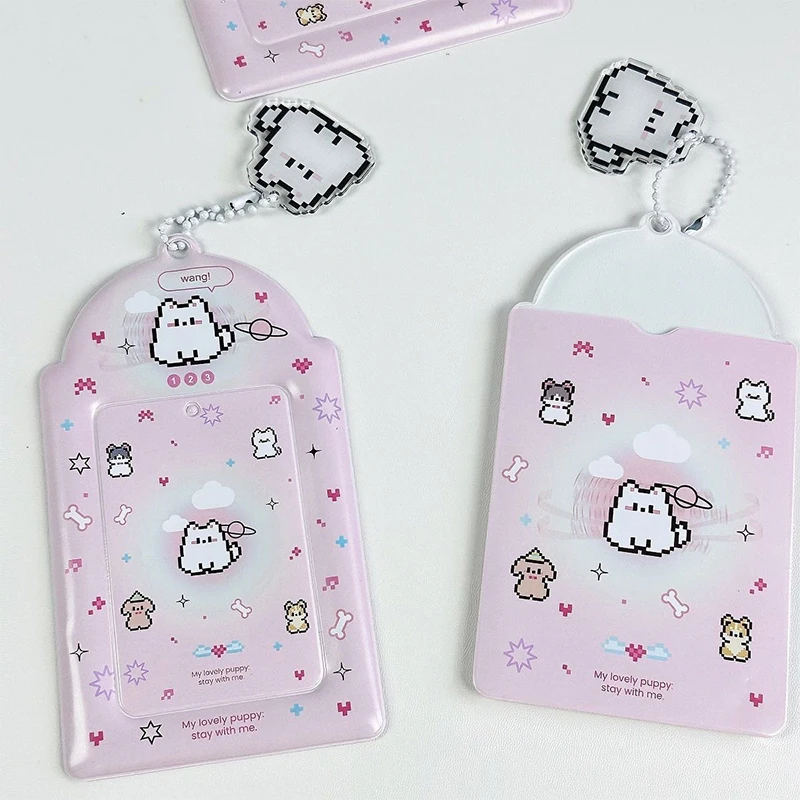 Kawaii Ins Cute Pixel Puppy Portafoto Kpop da 3 pollici Porta carte fotografiche Borsa con ciondolo Cancelleria scolastica