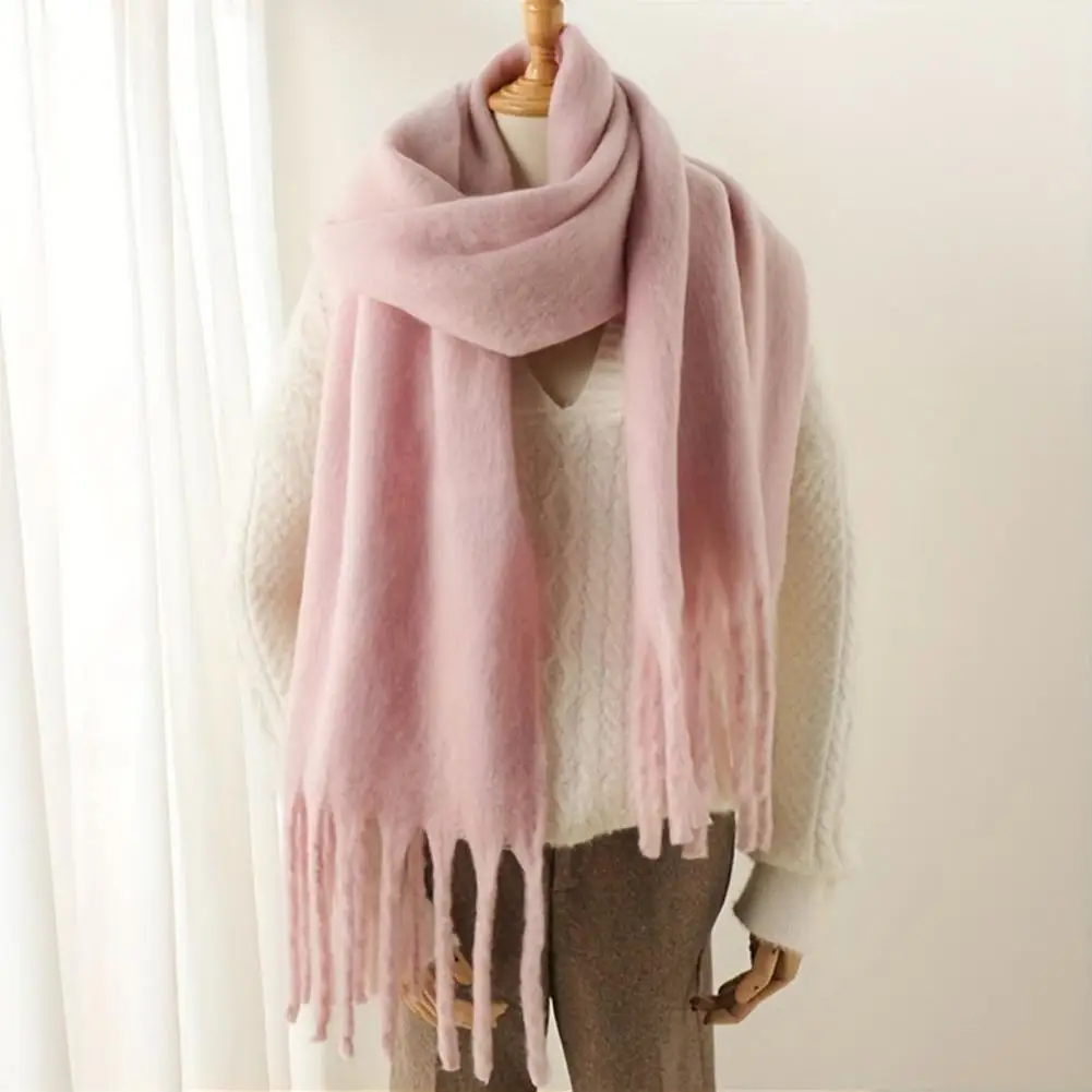 Thickened Imitation Rabbit Velvet Scarf with Tassels Solid Color Neck Wrap, Warm Winter Shawl, Soft Neck Warmer for Cold Weather