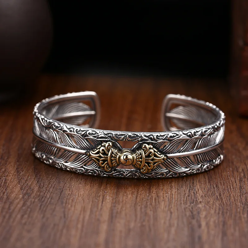 BOCAI New S925 Sterling Silver Charms Bracelets for Men Antique Feather Pattern Gilded Vajra Pestle Bangle Fine Choice Jewelry