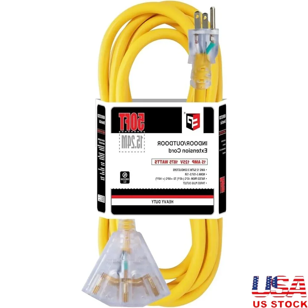 

50-футовый наружный удлинитель с подсветкой, 3-контактный сверхмощный кабель питания 12/3 SJTW с несколькими розетками