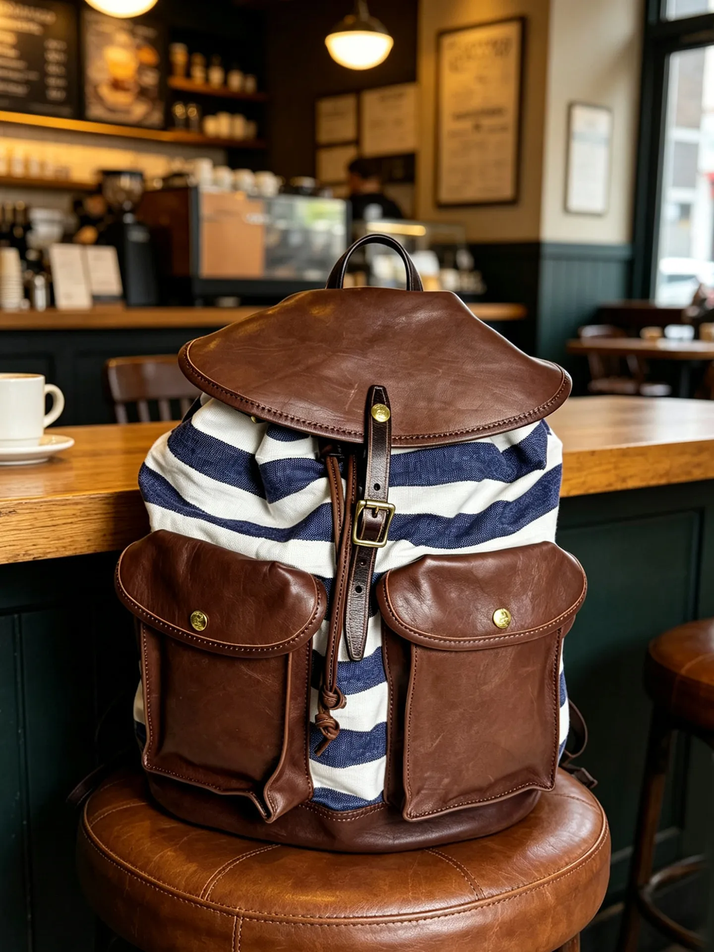 Stripe Canvas Leather Spliced Backpack Drawstring Flap Large Capacity Travel Rucksack for Men Women Casual School Daypack