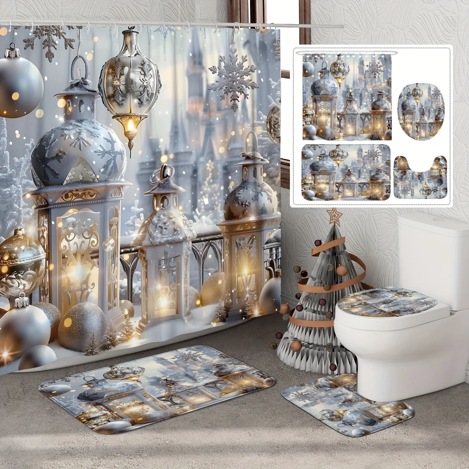

4Pcs Xmas Winter Shower Set,Silver Gold Ball Snowflake Design, Holiday Bath Decor, 12 Hooks, Non-Slip Mat, U-Shaped Toilet Cover
