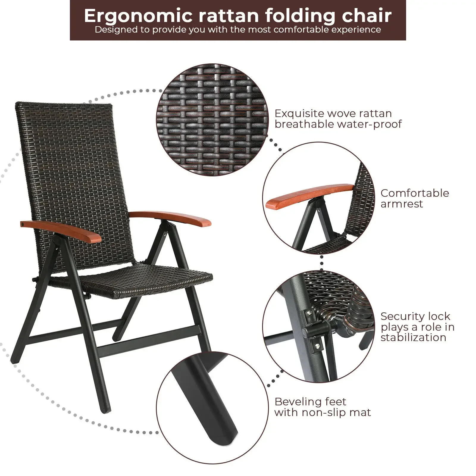 Wicker Folding Patio Chair Outdoor PE Rattan Recliner Camping Chairs with 5-Level Adjustable High Backrest for Garden Balcony