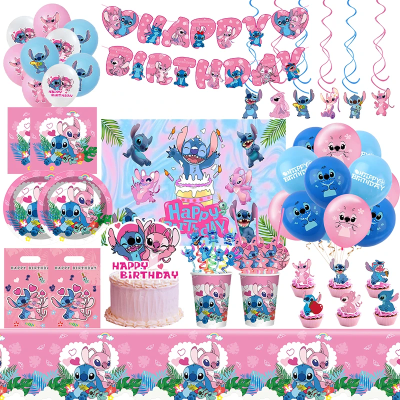 Disney Lilo Stitch Birthday Party Decoration Kids Stitch Theme Tableware Set Angel Balloons Happy Banner Supplies For Girl Favor