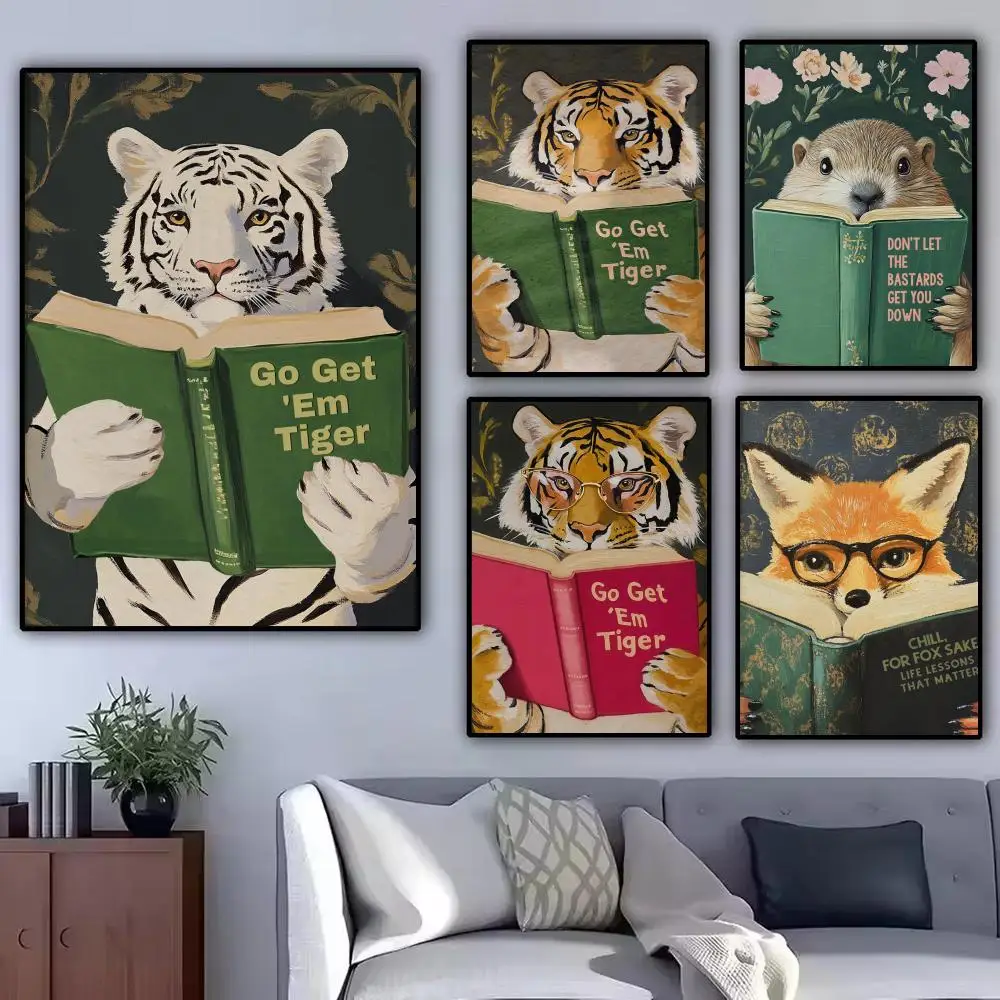 Motivational Animal Reading Print Painting Calligraphy Modern Canvas Poster Wall Art Aesthetic Bedroom Decor for Cafe Home Gift