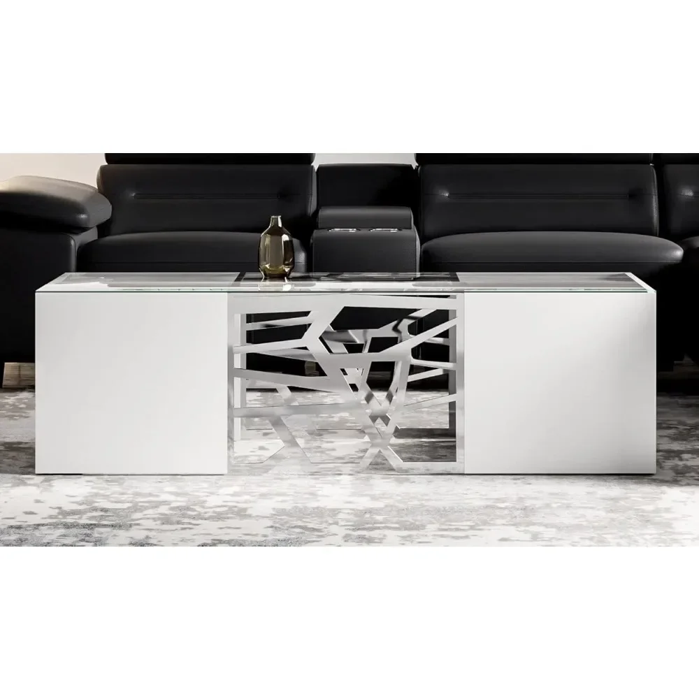 Deluxe Silver Glass Coffee Table, Modern 51 Inch Rectangular Center Table with Shiny Mirrored Stainless Steel Base Furniture