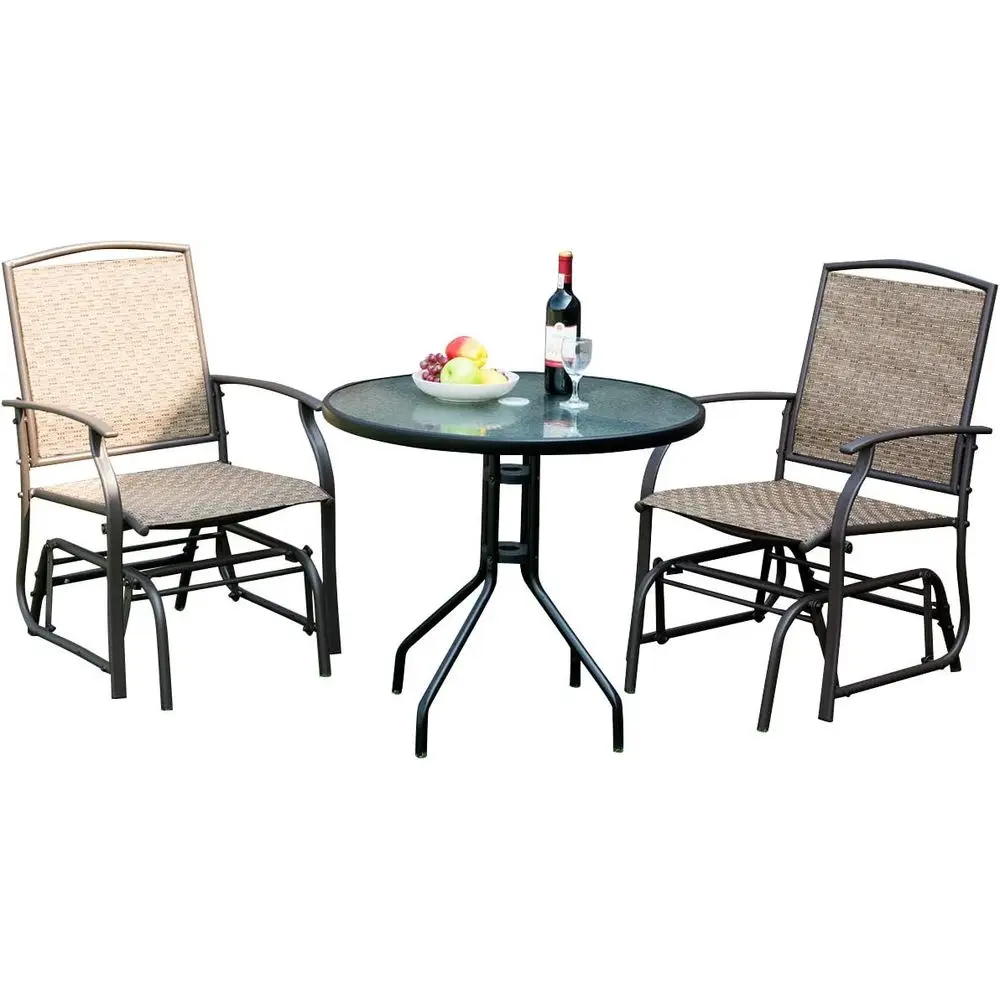

3-Piece Outdoor Swing Set with Glass Table, Umbrella Hole, and 2 Rocking Chairs for Patio, Garden, or Indoor Use
