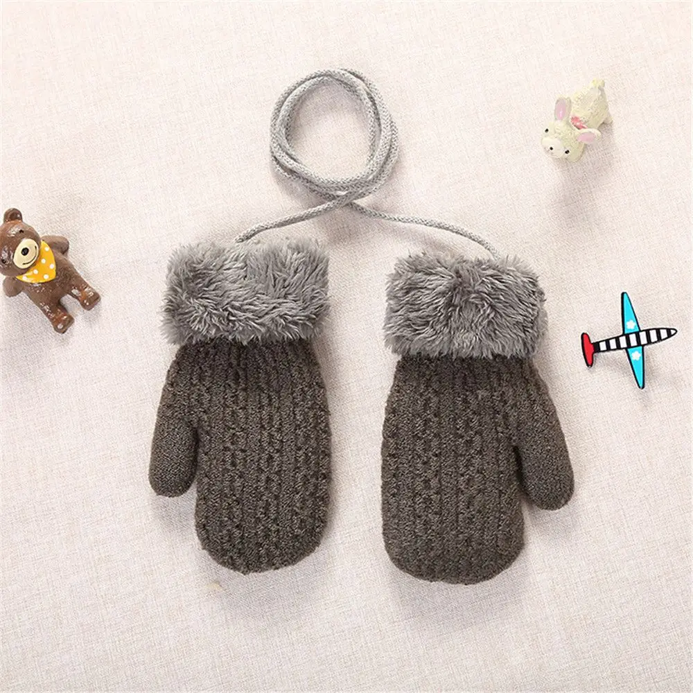 1Pair Children Mittens Winter Wool Knitted Gloves Faux Fur Thick Warm Cartoon Baby Boys Girls Hanging Neck Gloves For 1-4 Years