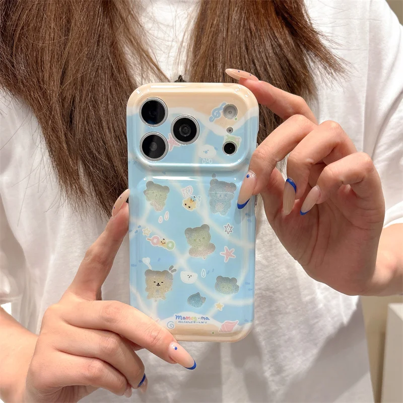 Kawaii Glitter Bear Phone Case iPhone 17 16 15 Pro Max Cute Blue Beach Starfish Soft Glossy Shockproof Slim Anti Drop Cover