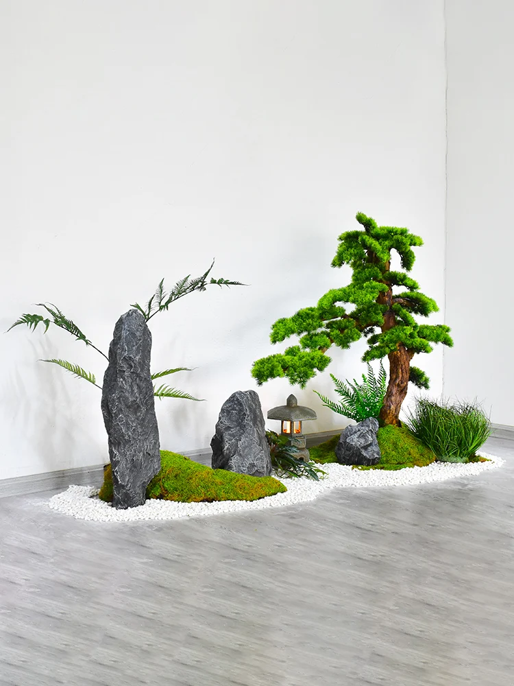 Landscape light luxury high-end simulation green plants stone Chinese welcome pine withered landscape plants