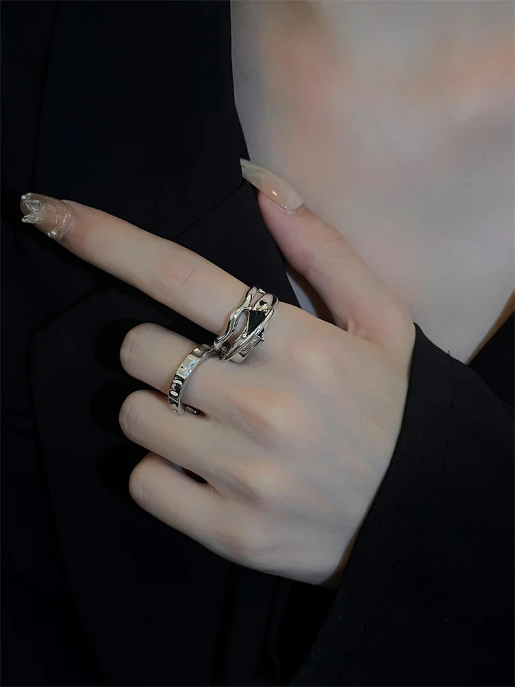 Geometric Cool Style INS Black Crystal Ring Fashion Personalized High Sense Openmouthed Netizen Red Girl