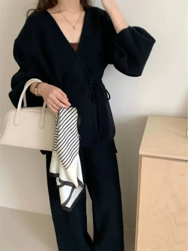 Korean Two Pieces Winter New Causal Sets Sweater Tops V Neck Long Pants Solid Color Warm Knitted Bandage Autumn Wide-leg Pants