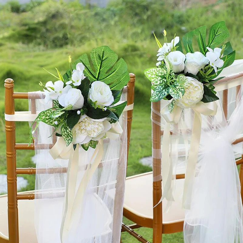 

Fake Flower Chair Back Wedding Decor Chair Back Floral Ribbon With Artificial Flowers For Wedding Ceremony Party Chair Cover