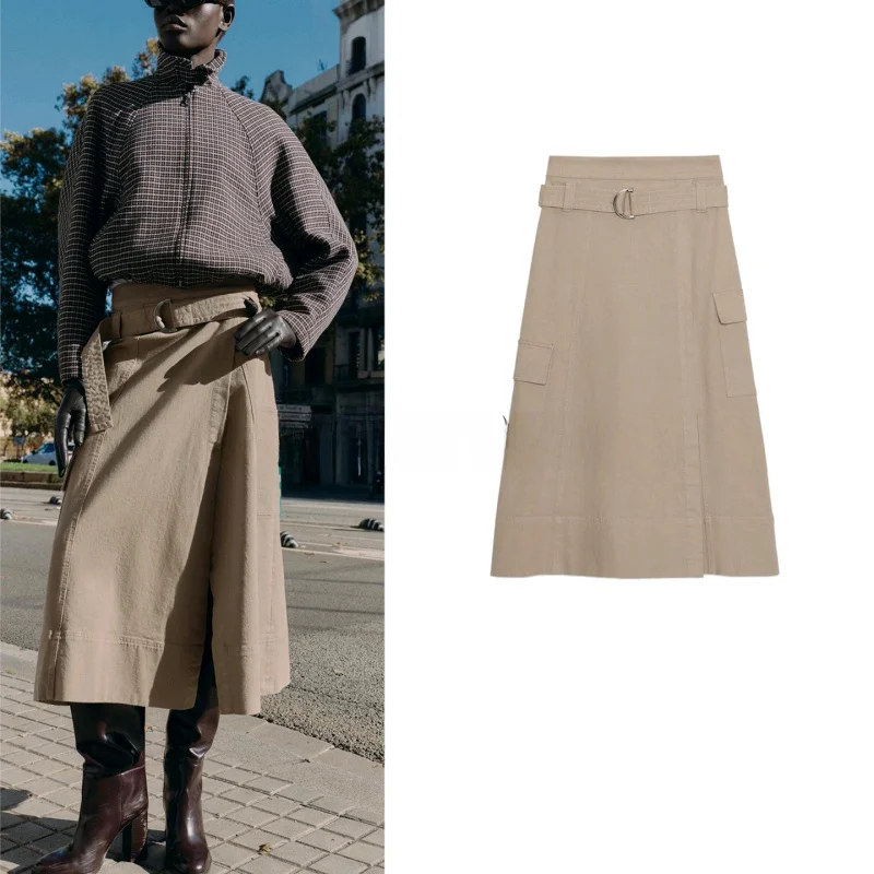 

High Waist A-Line Midi Workwear Skirt with Belt Design New Winter Women's Faion Polyester Fiber Ci Commute Skirts
