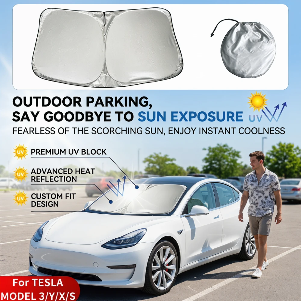 

Portable Folding Front Sun Visor for Tesla Model Y 3 2017-2026 Summer Sun Heat Protection Windshield Shade