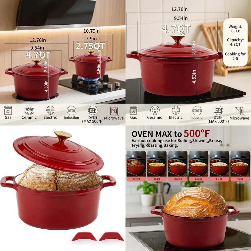 

Red 4.7QT Enamel Dutch Oven with Lid, Round Casserole for Baking, Roasting, Braising, and Stews, Heavy-Duty, Oven and Induction