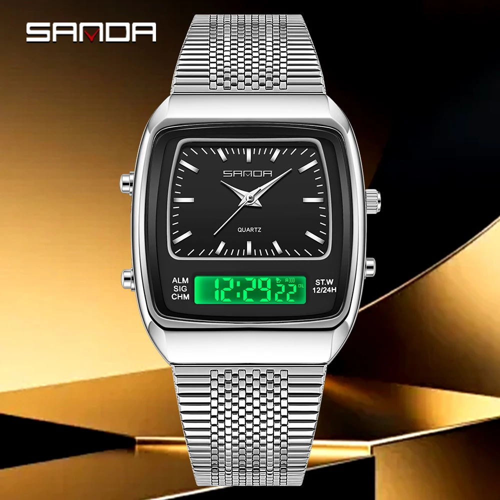 

SANDA 3393 Men's Electronic Quartz Watch Fashion Multifunction Dual Display Clock Luminous Waterproof Casual Men Digital Watches