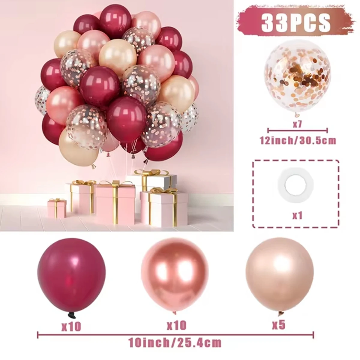 33Pcs Burgundy Champagne Gold Rose Gold Confetti Balloons Wedding Party Decoration Adults Wedding Supplies – Detail 4