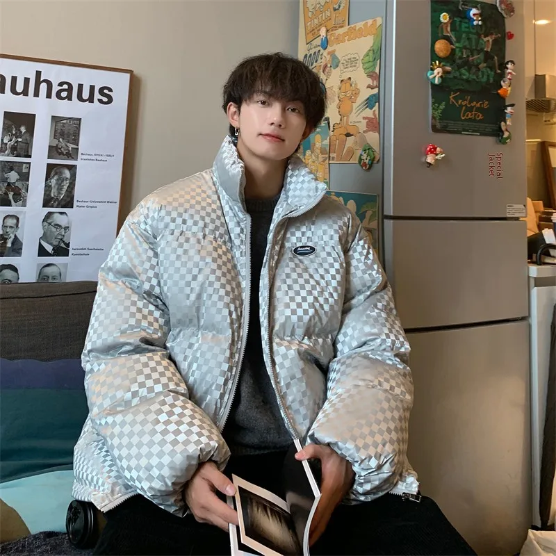 

Cool Men's Thiened Winter Cotton Jaet Stand Collar Bread Sle Warmth Youth Faion Casual Loose Fit Zipper Closure