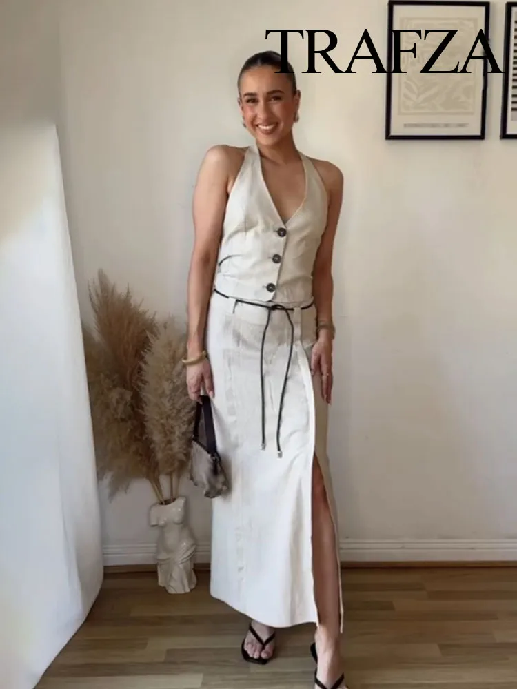 

TRAFZA Female Suit V-Neck Sleeveless Single-Breasted Tops+High Waist Lace-Up Zipper Long Skirt Women Summer Fashion Skirt Sets