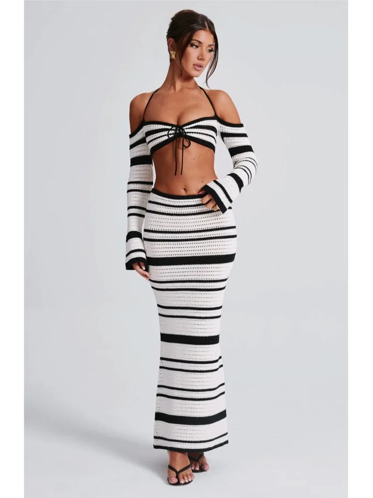 

2026 Summer New Hot Girl Women's Suit Fashionable Temperament Striped Long Sleeve Halter Top Skirt Two-piece Set For Women