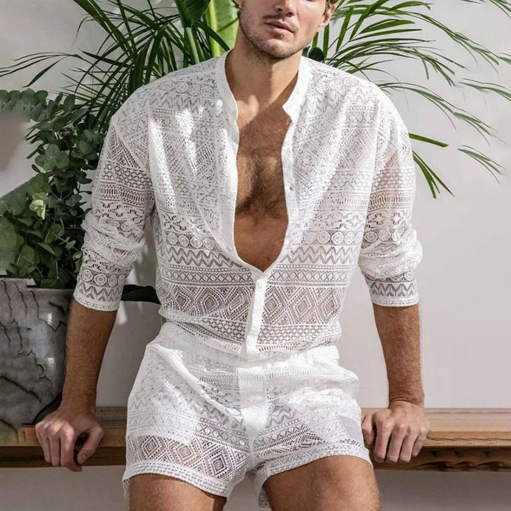 Mens Fashion Set Summer New Hollow Out Sexy Lace Shorts Pattern Print Shirt Two Piece Suits Trendy Elegant Beach Clothes Outfits - Image 5