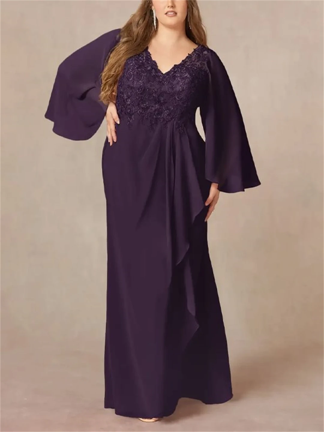 Chiffon V-neck Long Sleeve Mother of the Bride Dresses Elegant A-line Ruffles Appliques Sequins Family Gathering Evening Gowns